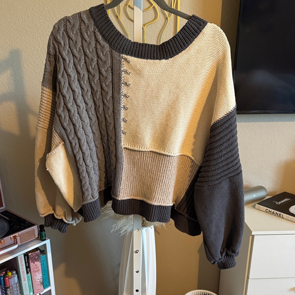 VICI Patchwork Cable Knit Sweater - Cream and Gray